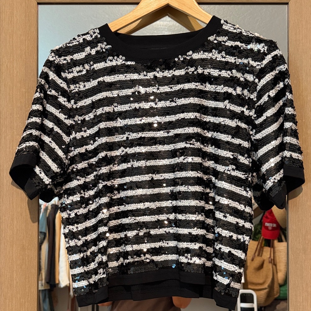 J. Crew Black and White Striped Sequin Top